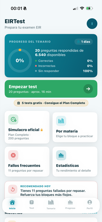 Inicio de EIRTest con el progreso del temario (modo claro)