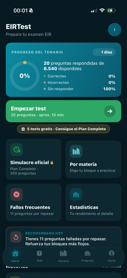 Inicio de EIRTest con el progreso del temario (modo oscuro)