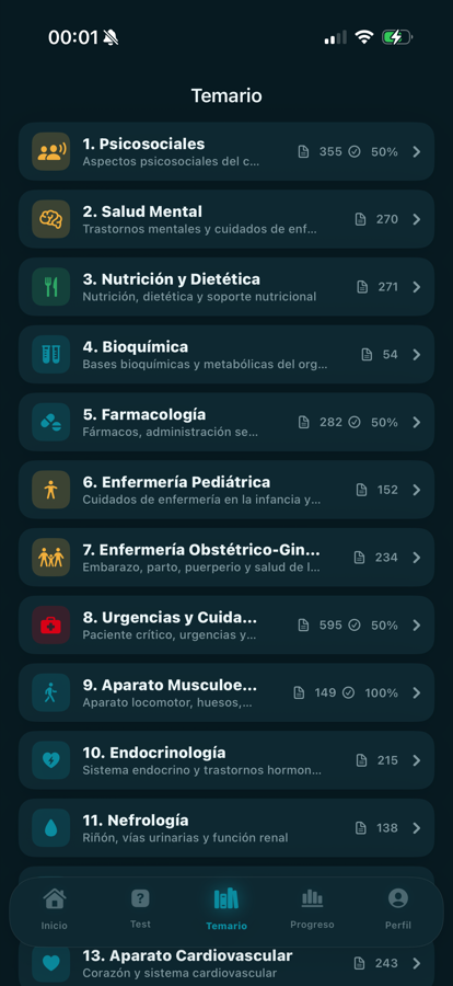 Temario con los 31 bloques del EIR (modo oscuro)