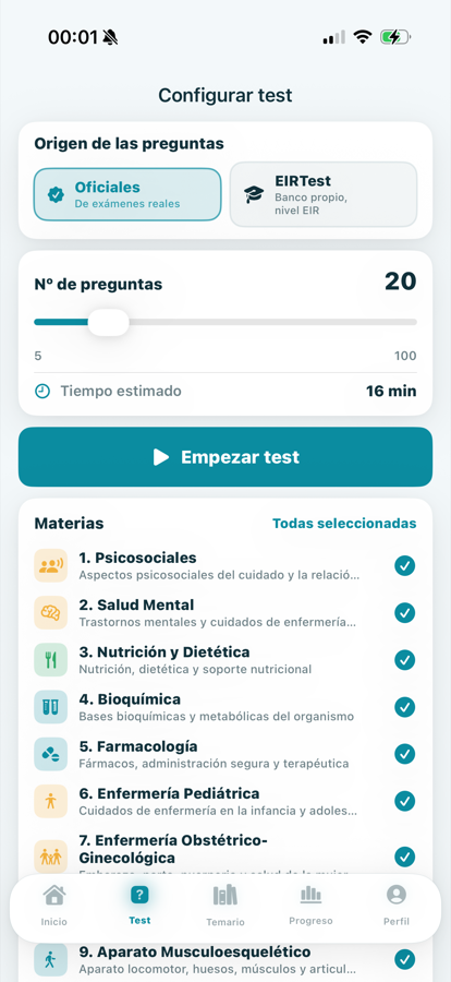 Configurar un test eligiendo bloques (modo claro)