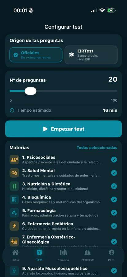 Configurar un test eligiendo bloques (modo oscuro)